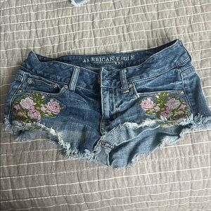 American Eagle Outfitters Blue Denim Shorts with Floral Embroidery